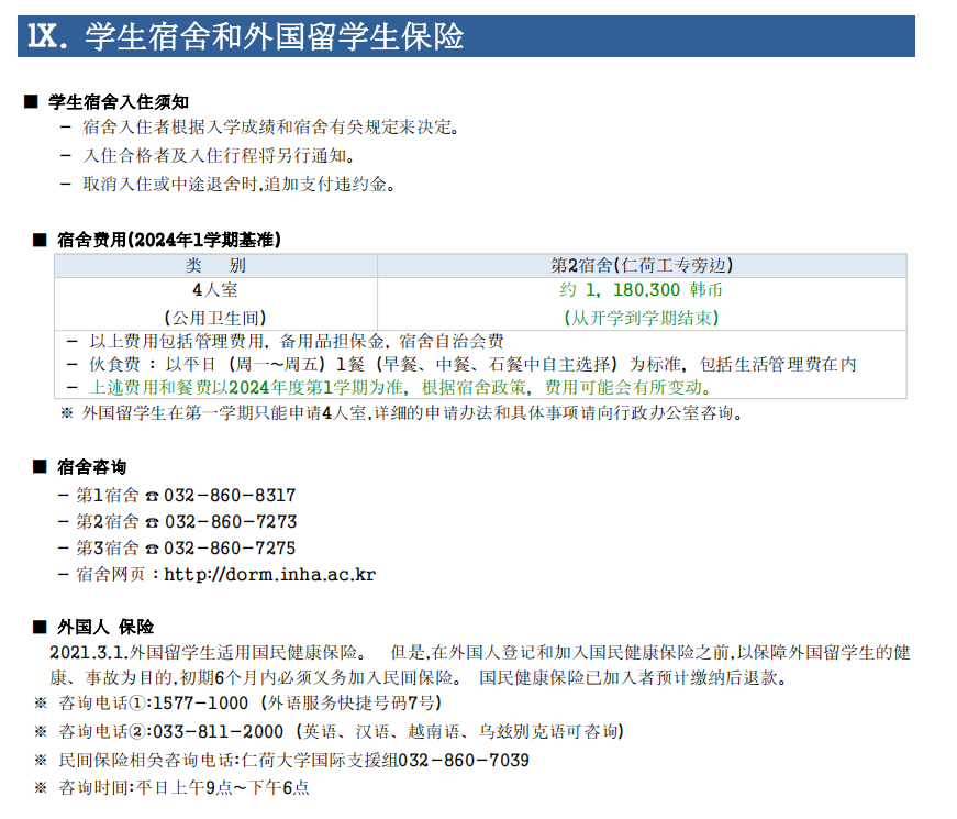 山东女子学院韩国留学预科班仁荷大学宿舍费