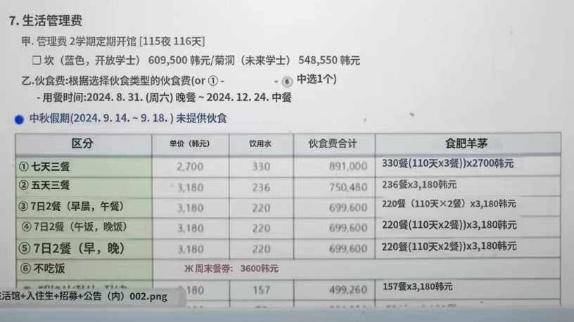 全南大学住宿及餐费